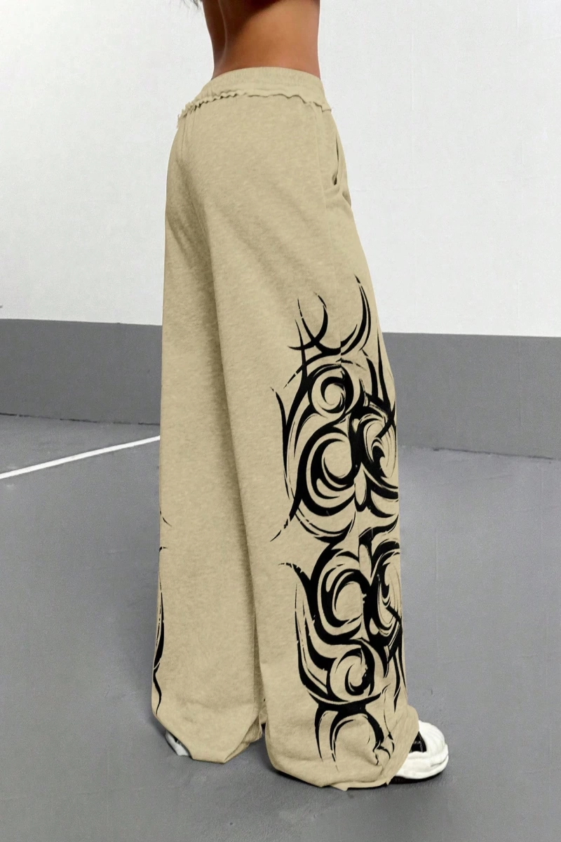 StreetHx Kadın Gri Retro Gotik Graffiti Çiçek Desenli Bol Günlük Düz Paça Eşofman Altı