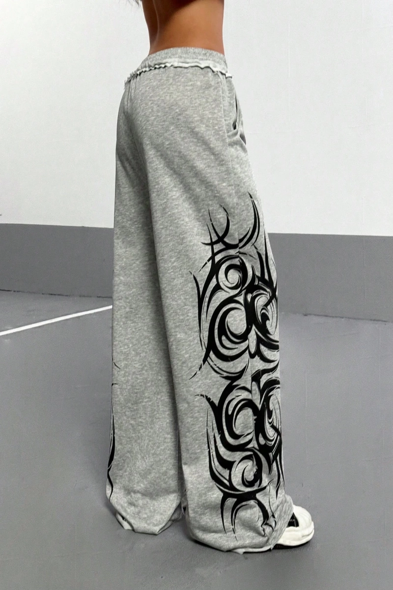 StreetHx Kadın Gri Retro Gotik Graffiti Çiçek Desenli Bol Günlük Düz Paça Eşofman Altı