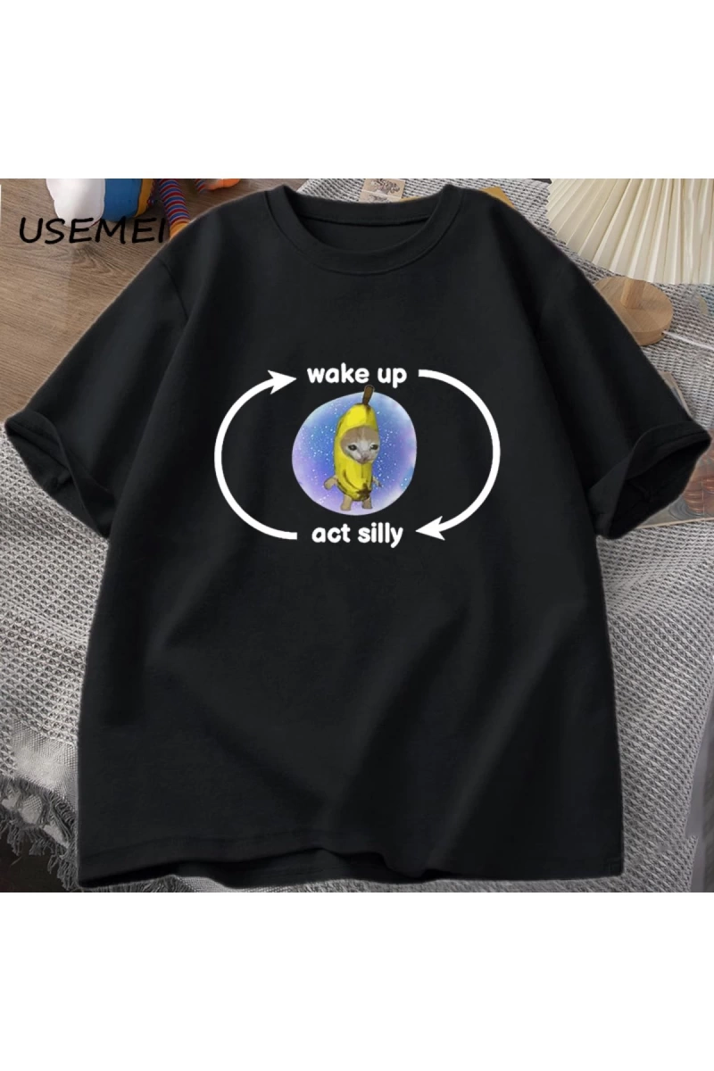 T Shirt ağlayan muz kedi Meme T-shirt komik üzgün Kitty kedi