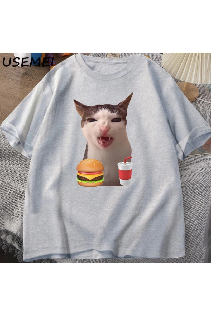 T-shirt kadın erkek aptal T shirt komik kedi yeme T-Shirt pamuk kısa