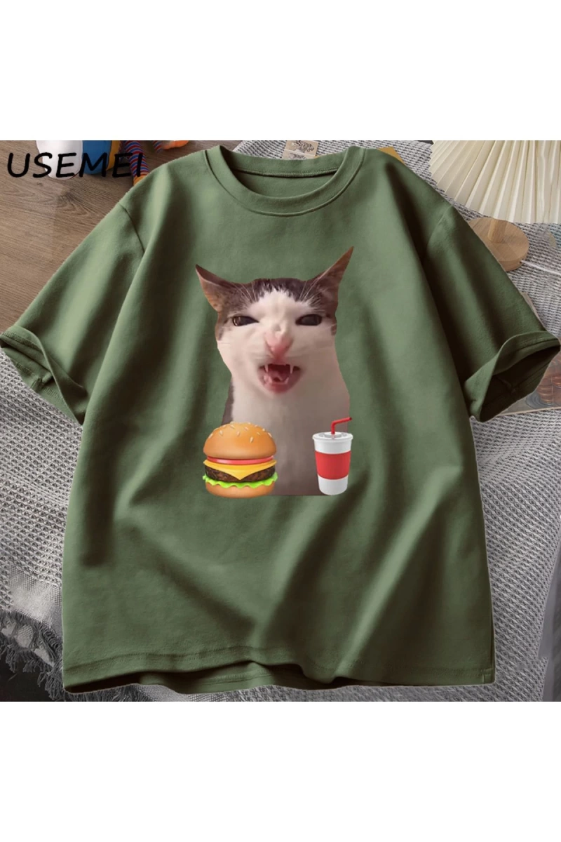 T-shirt kadın erkek aptal T shirt komik kedi yeme T-Shirt pamuk kısa
