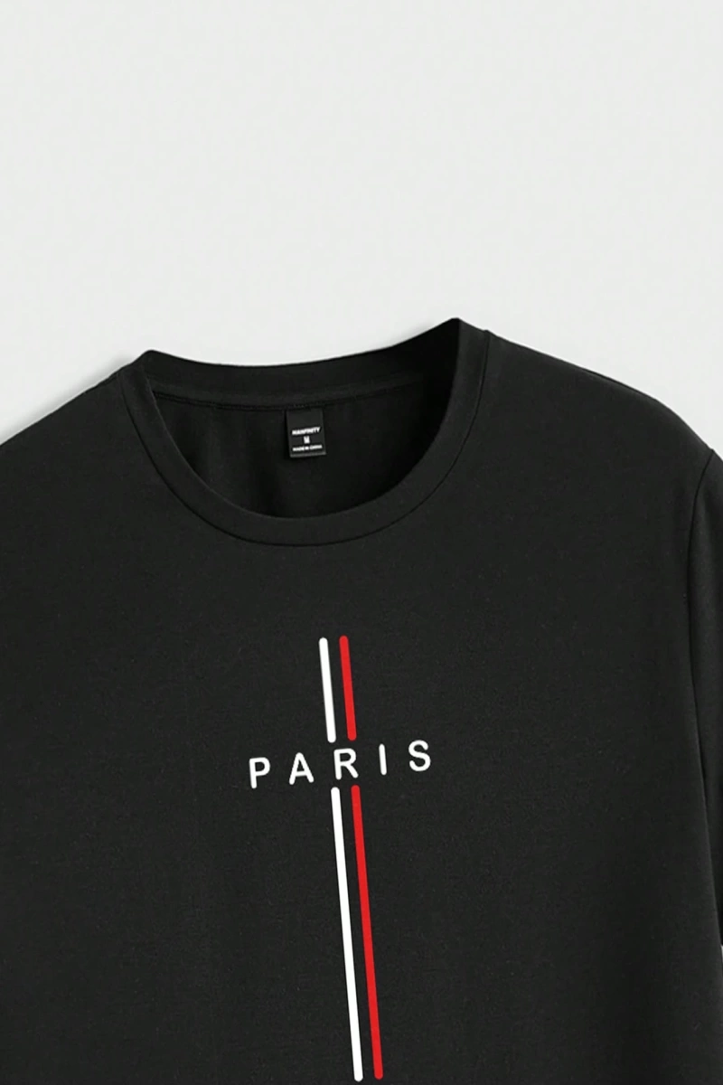 Takım Rahat Çizgili Paris Baskılı Tişört ve Şort Takımı