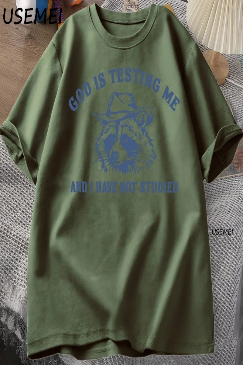 Tanrı Bana Test Ediyor Komik Rakun T-shirt Erkekler Kadınlar için Baskılı Gevşek Rahat Rahat  3076