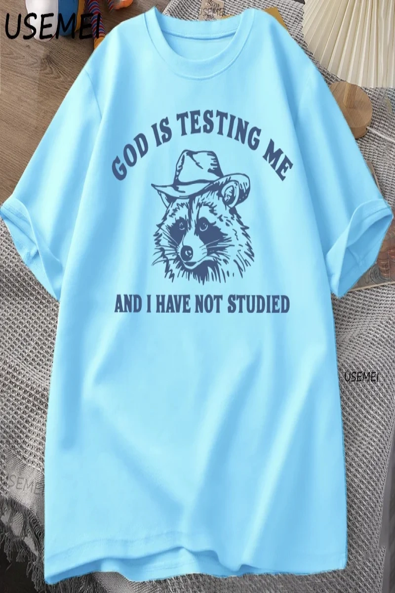 Tanrı Bana Test Ediyor Komik Rakun T-shirt Erkekler Kadınlar için Baskılı Gevşek Rahat Rahat  3076