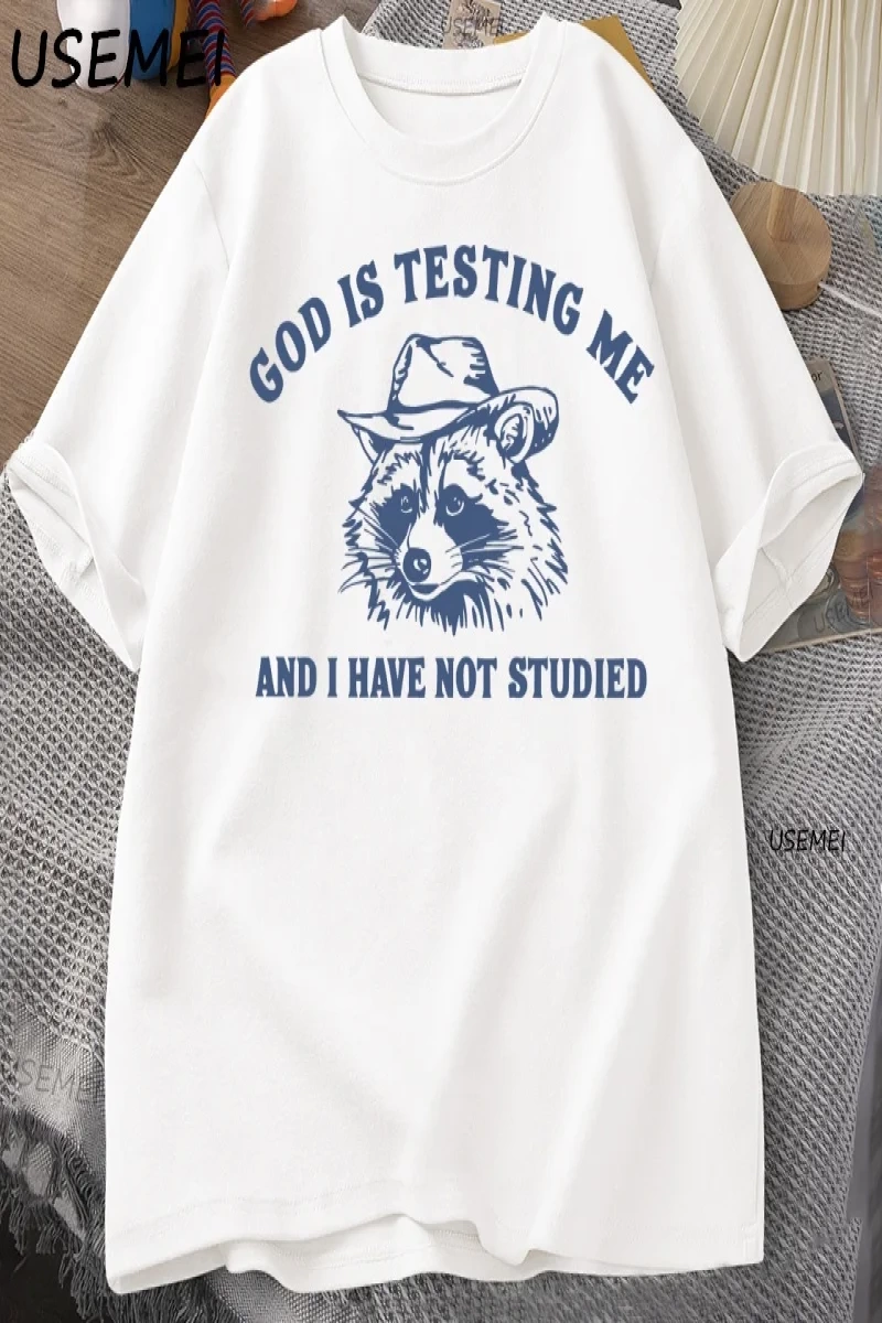Tanrı Bana Test Ediyor Komik Rakun T-shirt Erkekler Kadınlar için Baskılı Gevşek Rahat Rahat  3076