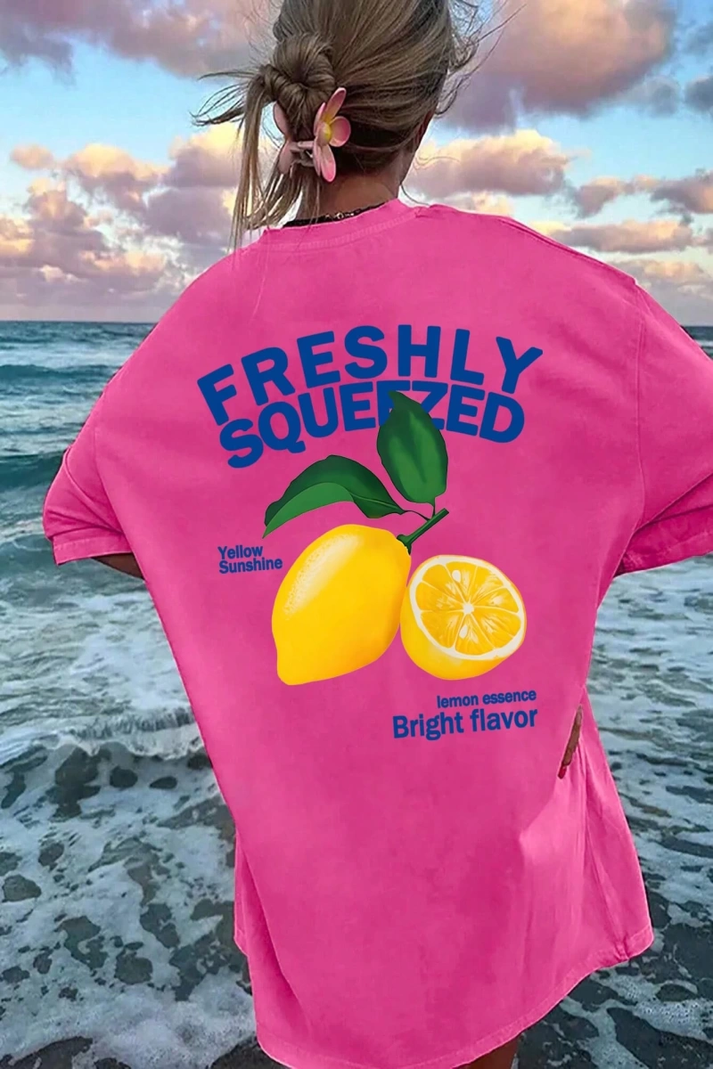 TAZE SIKILMIŞ Yaz Limon Tatil Havası Grafik Büyük Boy Bol Kesim Yuvarlak Yaka Kısa Kollu Tişö
