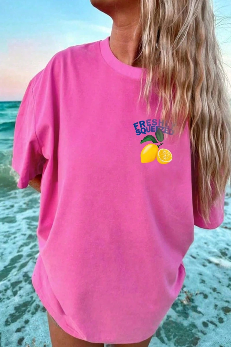 TAZE SIKILMIŞ Yaz Limon Tatil Havası Grafik Büyük Boy Bol Kesim Yuvarlak Yaka Kısa Kollu Tişö