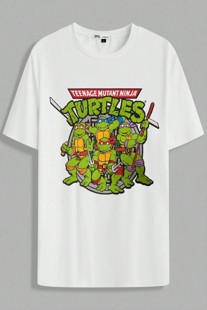 TEENAGE MUTANT NINJA TURTLES X SHEIN Erkek Baskılı Rahat Yuvarlak Yaka Kısa Kollu Örgü Tişört