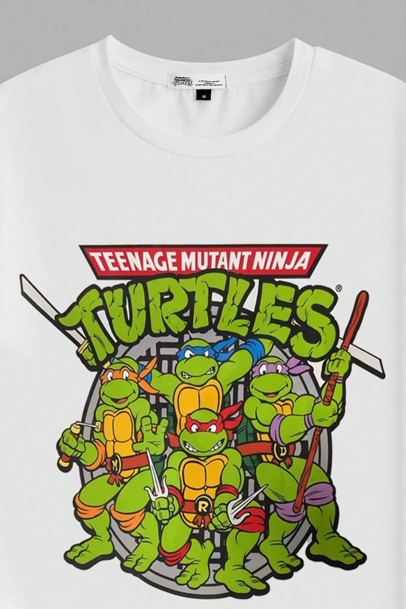 TEENAGE MUTANT NINJA TURTLES X SHEIN Erkek Baskılı Rahat Yuvarlak Yaka Kısa Kollu Örgü Tişört