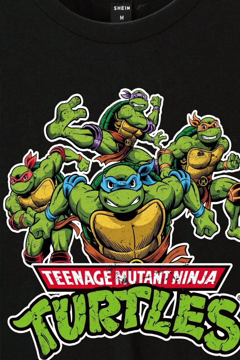 TEENAGE MUTANT NINJA TURTLES X SHEIN Erkek Karikatür Kaplumbağa ve Harf Grafik Yuvarlak Yaka