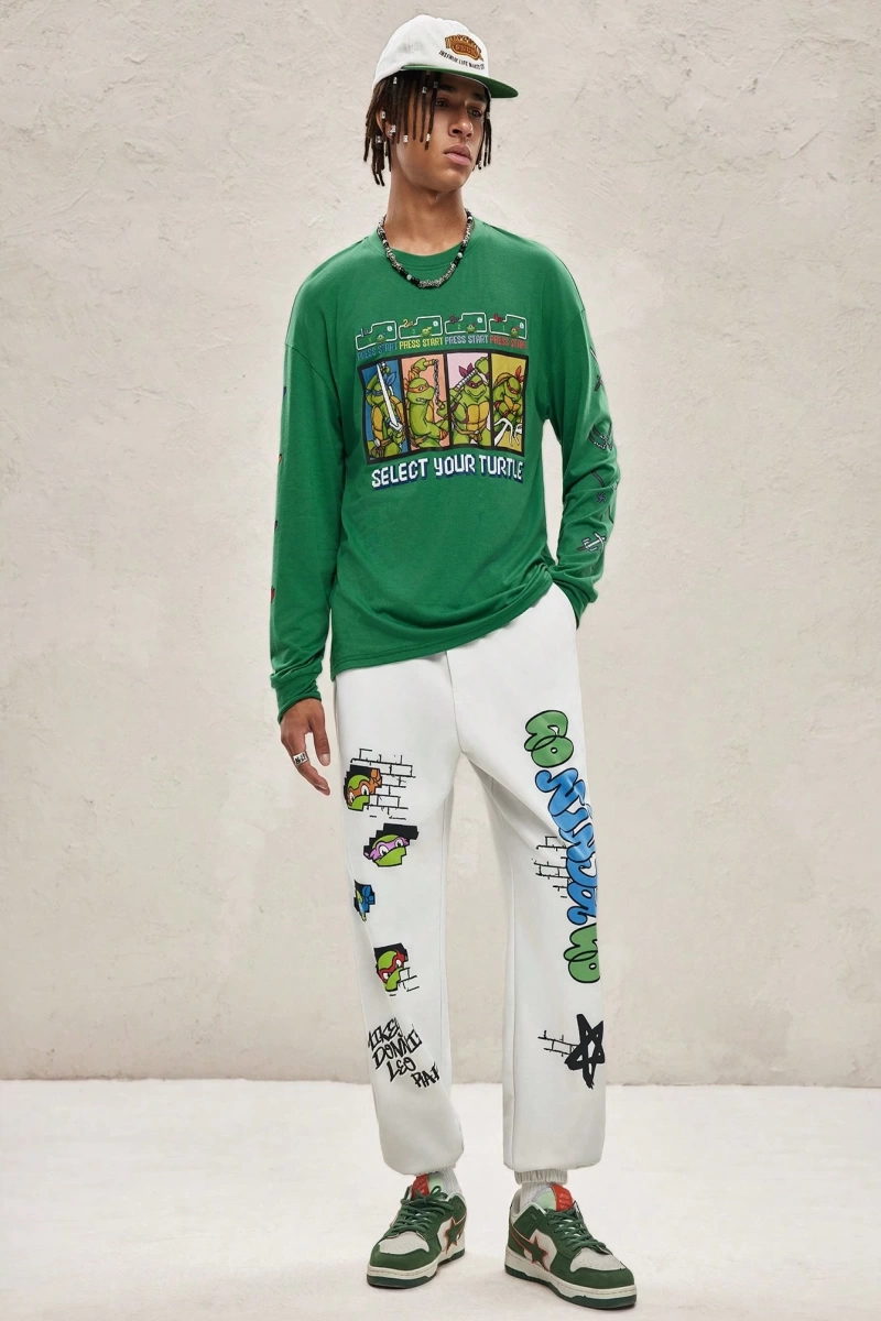 TEENAGE MUTANT NINJA TURTLES X SHEIN Erkek Rahat Bol Grafik Baskılı Beyaz Jogger Eşofman Altı