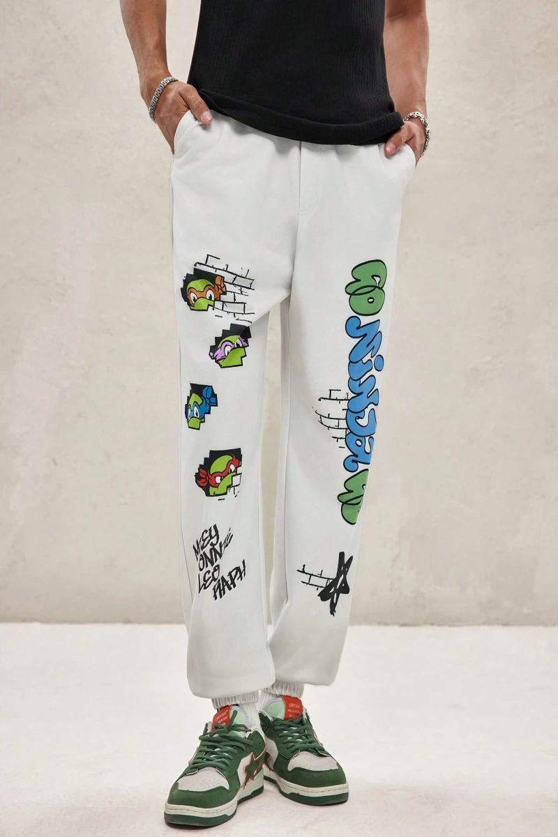 TEENAGE MUTANT NINJA TURTLES X SHEIN Erkek Rahat Bol Grafik Baskılı Beyaz Jogger Eşofman Altı