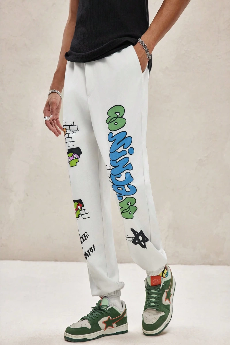 TEENAGE MUTANT NINJA TURTLES X SHEIN Erkek Rahat Bol Grafik Baskılı Beyaz Jogger Eşofman Altı