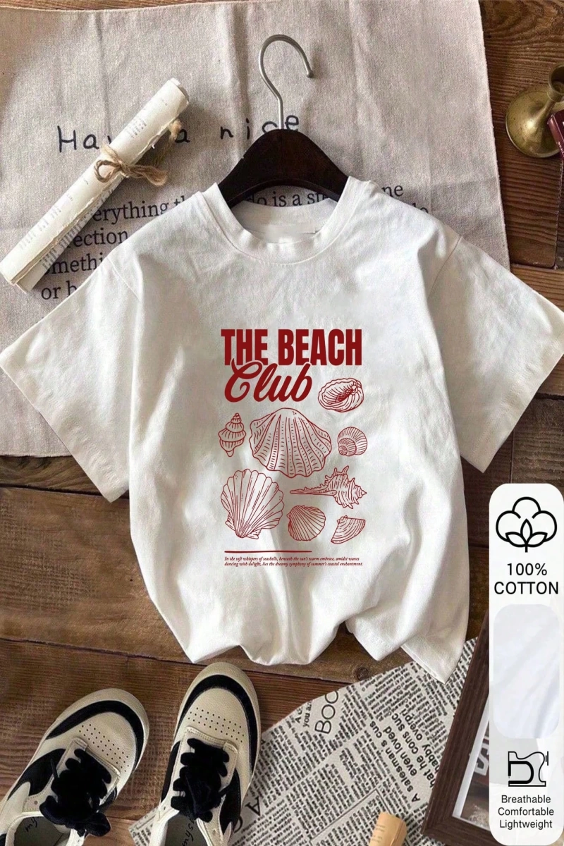 The Beach Club & Shell Print Yazlık Bayan %100 Pamuk Kısa Kollu, Günlük Kadın Giyim, Günlük Y