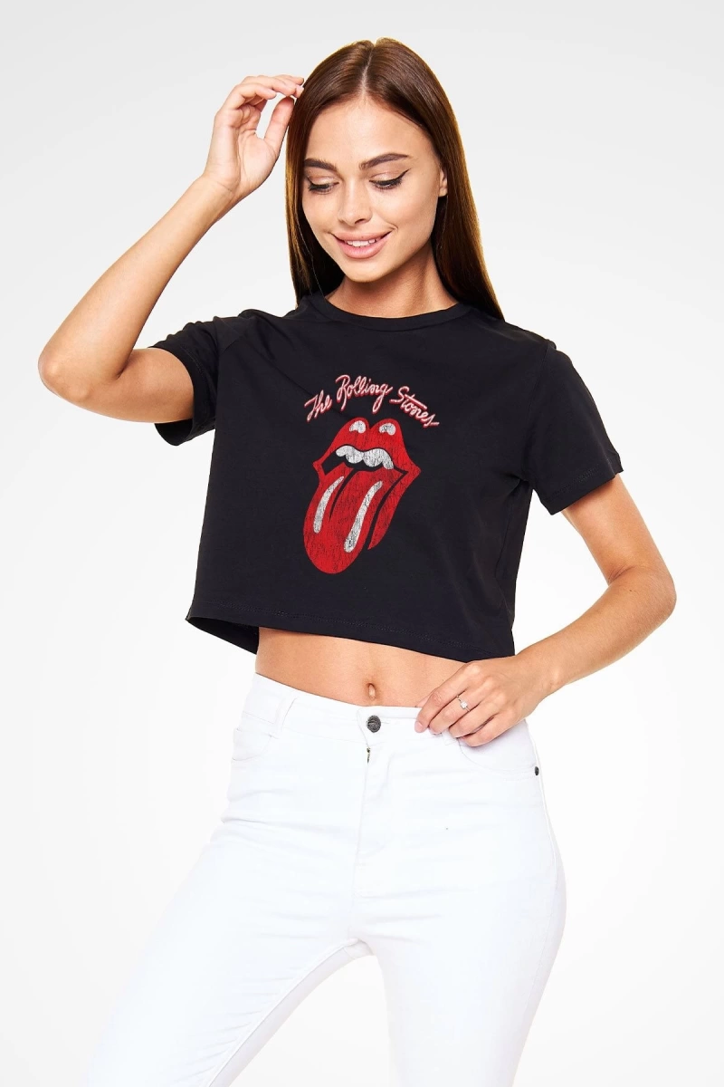 The Rolling Stones Logo Siyah Crop Top Tişört
