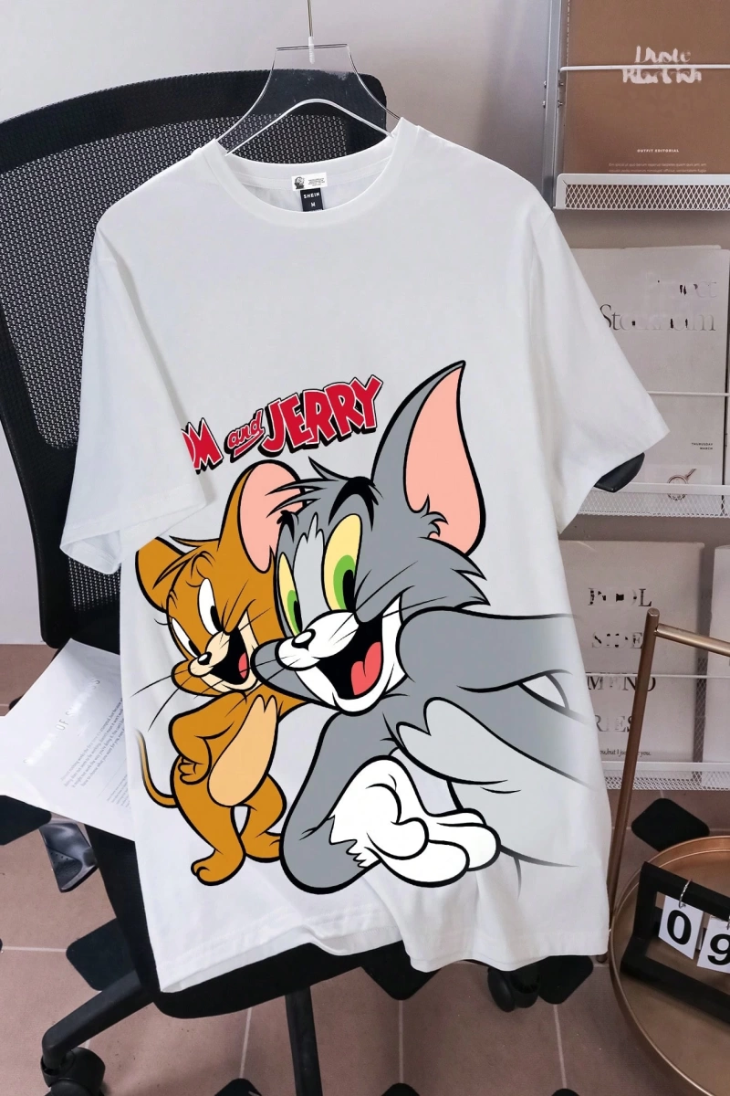 TOM & JERRY X SHEIN Erkek Yaz Rahat Karikatür Kedi Baskılı Kısa Kollu Tişört