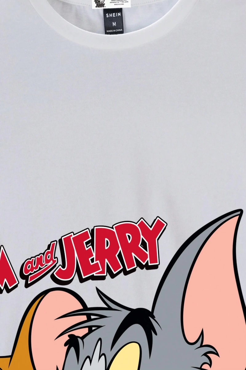 TOM & JERRY X SHEIN Erkek Yaz Rahat Karikatür Kedi Baskılı Kısa Kollu Tişört