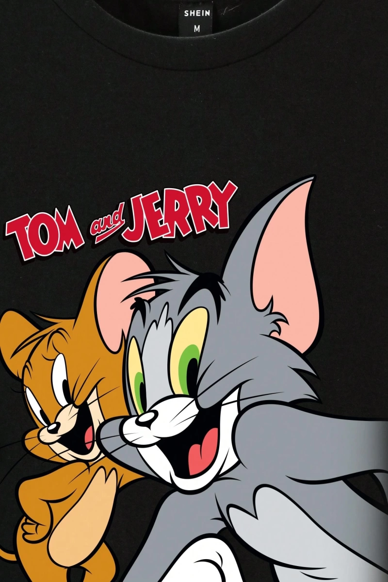 TOM & JERRY X SHEIN Erkek Yaz Rahat Karikatür Kedi Baskılı Kısa Kollu Tişört