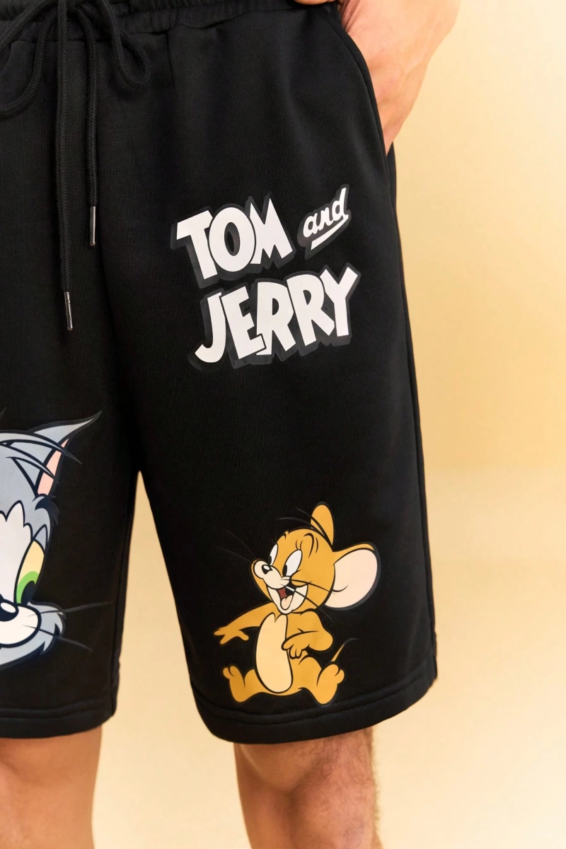 TOM & JERRY X SHEIN Erkek Yazlık Rahat Kedi ve Fare Baskılı Bağcıklı Bel Şortu