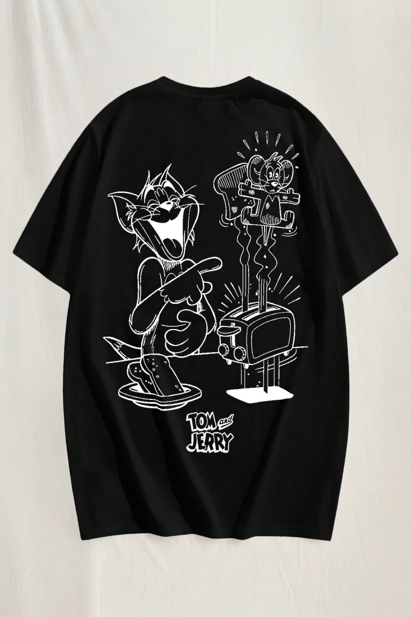 TOM & JERRY X SHEIN Unisex Rahat Fitted Karikatür Siyah Beyaz Karikatür Grafik Kısa Kollu Tiş