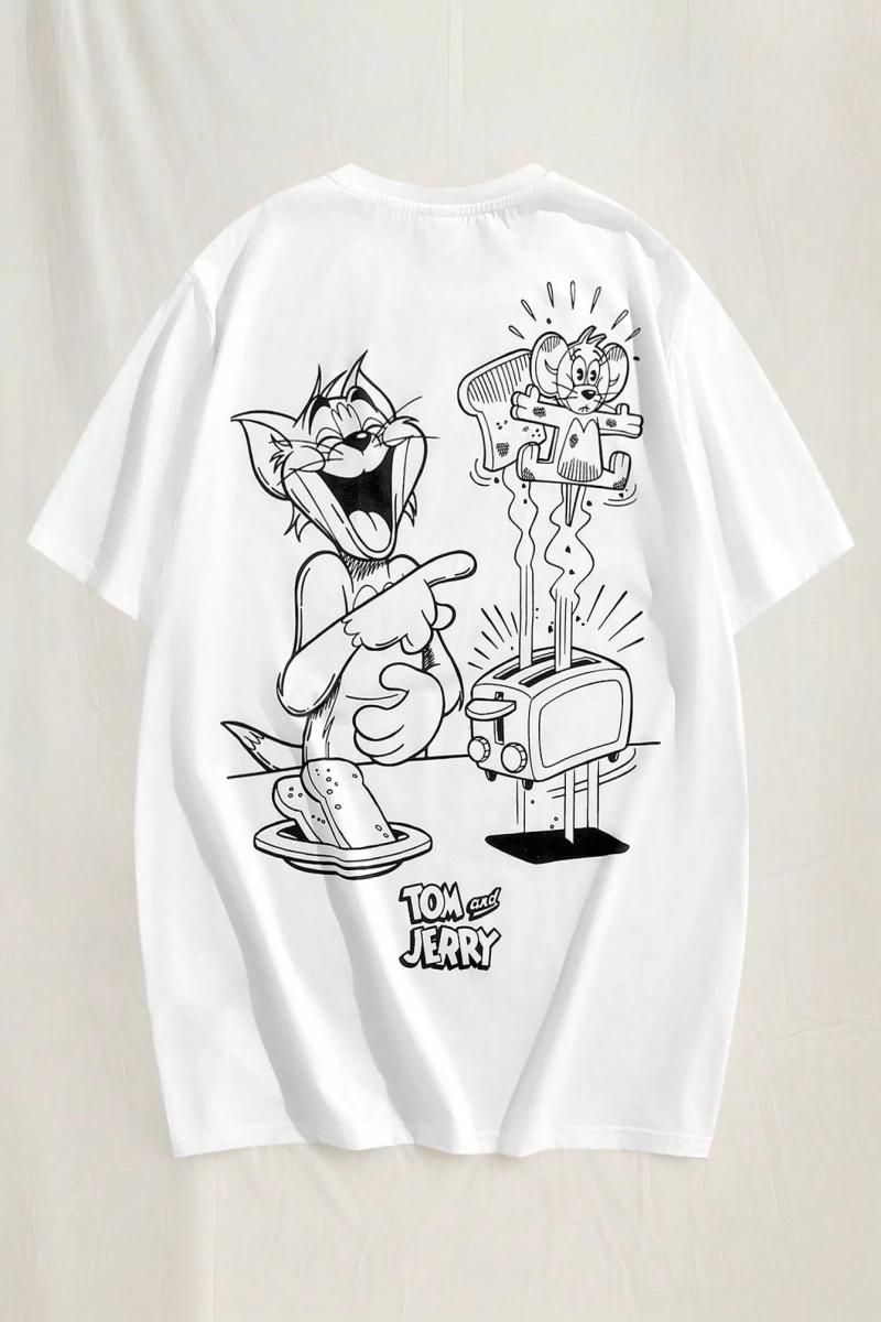 TOM & JERRY X SHEIN Unisex Rahat Fitted Karikatür Siyah Beyaz Karikatür Grafik Kısa Kollu Tiş