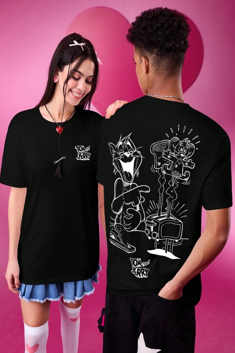 TOM & JERRY X SHEIN Unisex Rahat Fitted Karikatür Siyah Beyaz Karikatür Grafik Kısa Kollu Tiş
