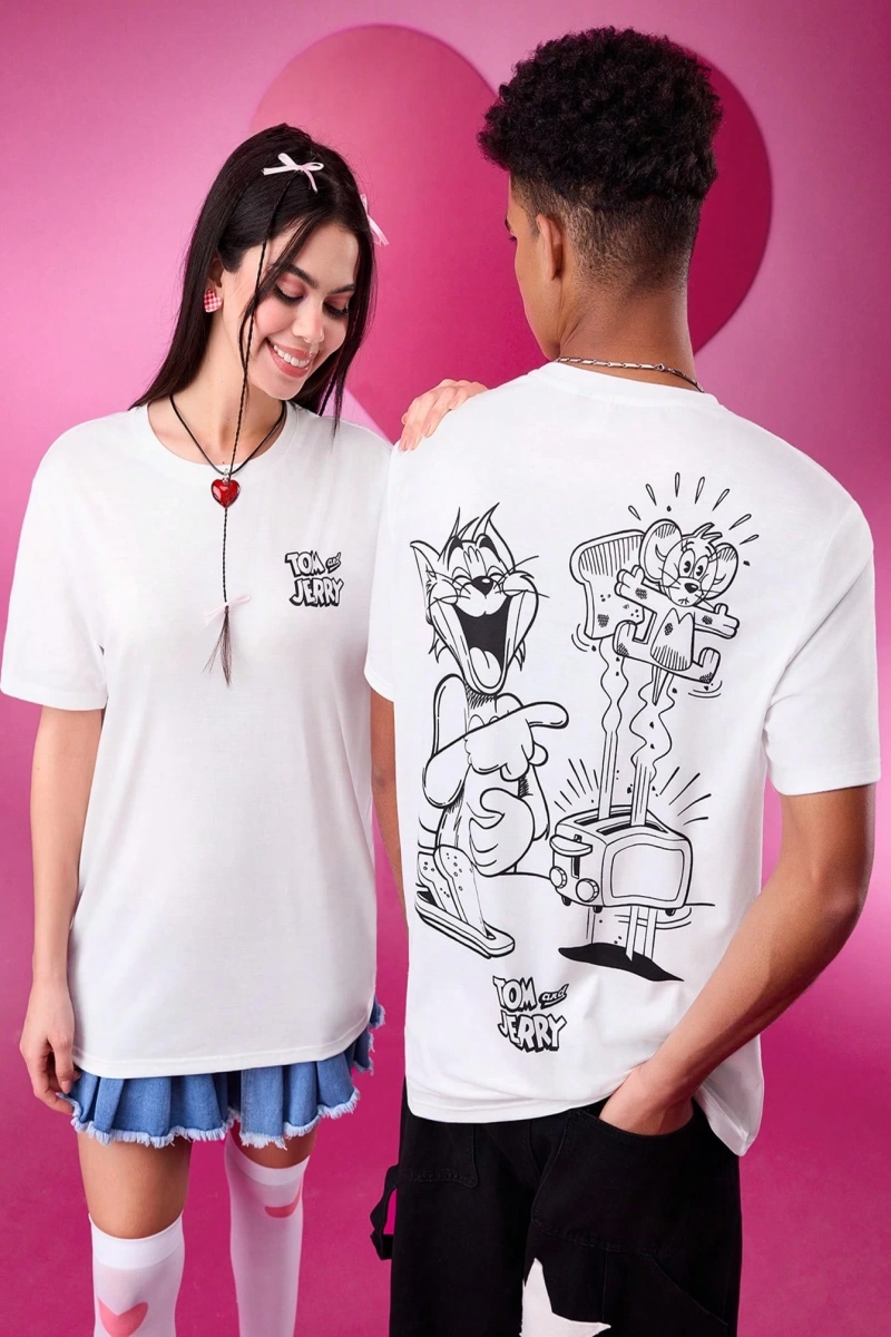 TOM & JERRY X SHEIN Unisex Rahat Fitted Karikatür Siyah Beyaz Karikatür Grafik Kısa Kollu Tiş