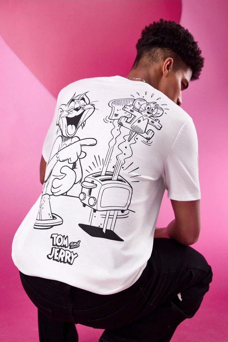 TOM & JERRY X SHEIN Unisex Rahat Fitted Karikatür Siyah Beyaz Karikatür Grafik Kısa Kollu Tiş