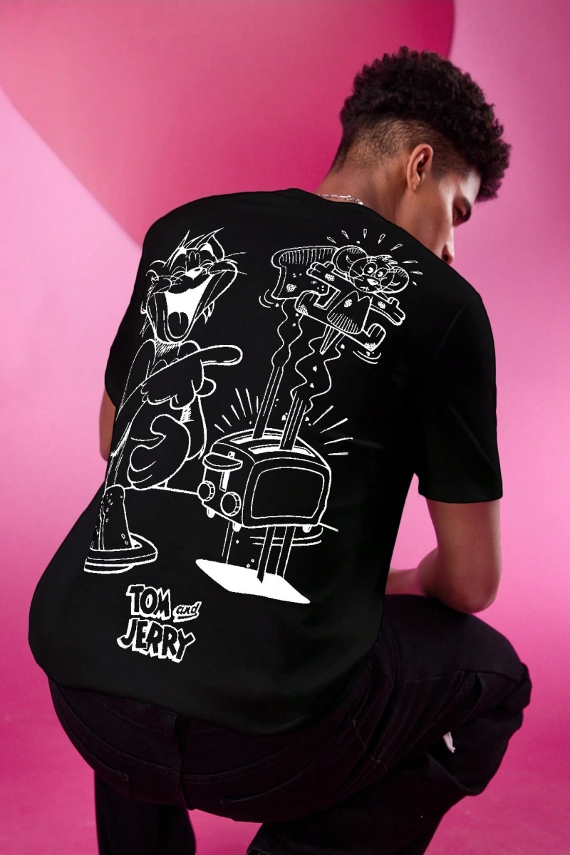 TOM & JERRY X SHEIN Unisex Rahat Fitted Karikatür Siyah Beyaz Karikatür Grafik Kısa Kollu Tiş