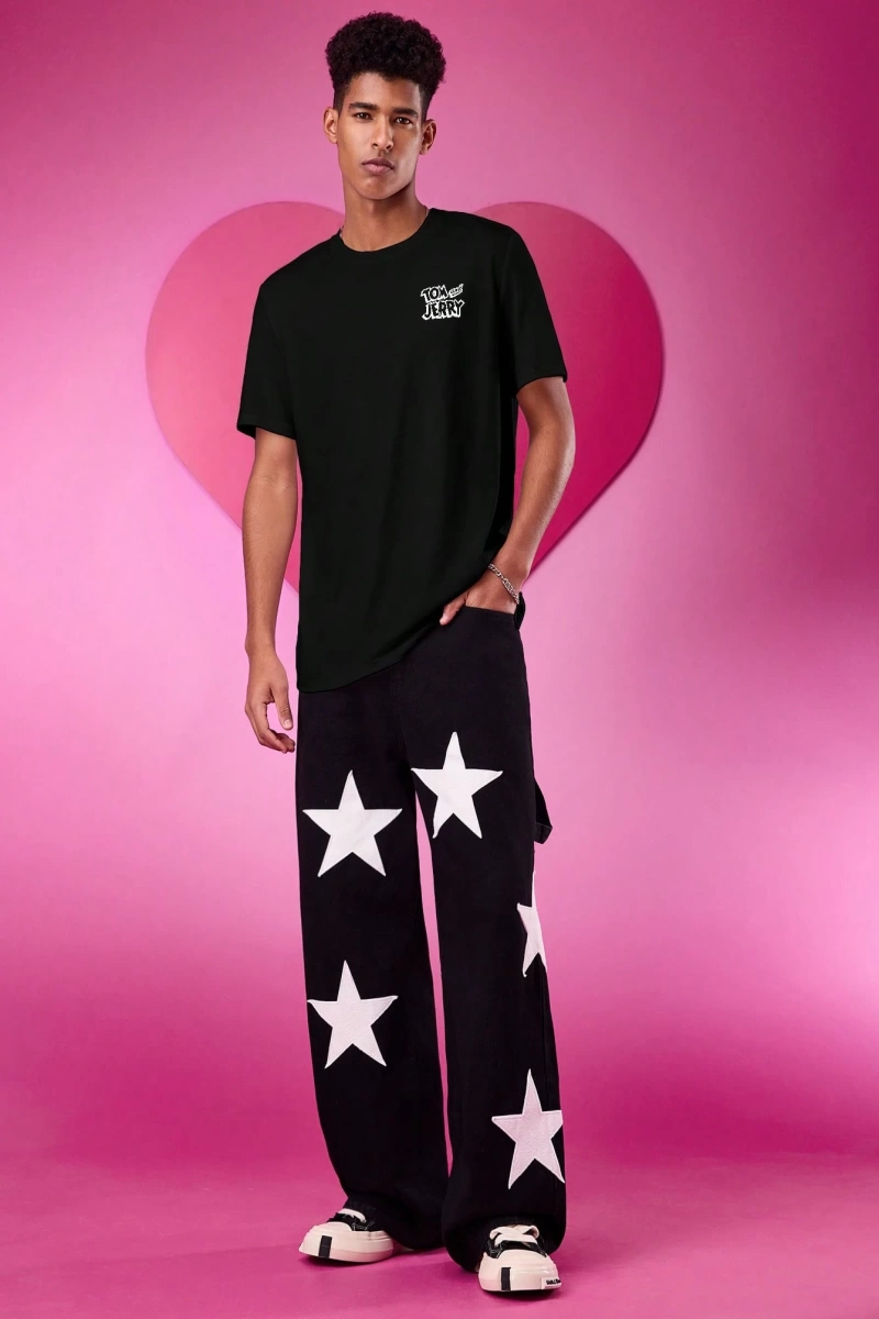 TOM & JERRY X SHEIN Unisex Rahat Fitted Karikatür Siyah Beyaz Karikatür Grafik Kısa Kollu Tiş