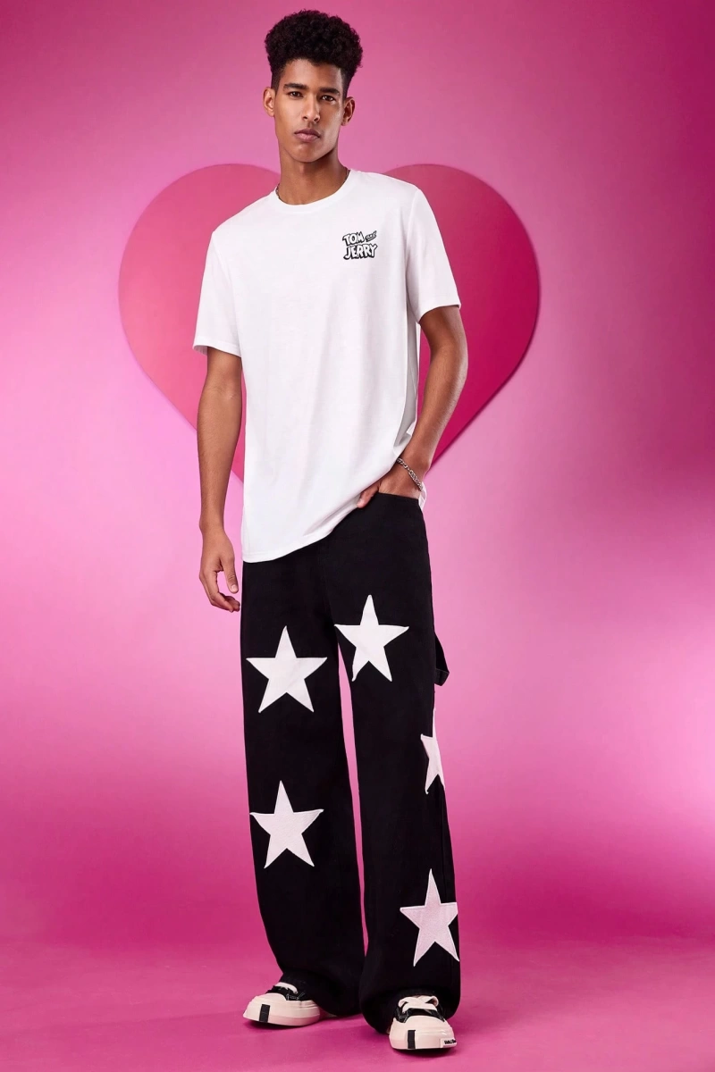 TOM & JERRY X SHEIN Unisex Rahat Fitted Karikatür Siyah Beyaz Karikatür Grafik Kısa Kollu Tiş