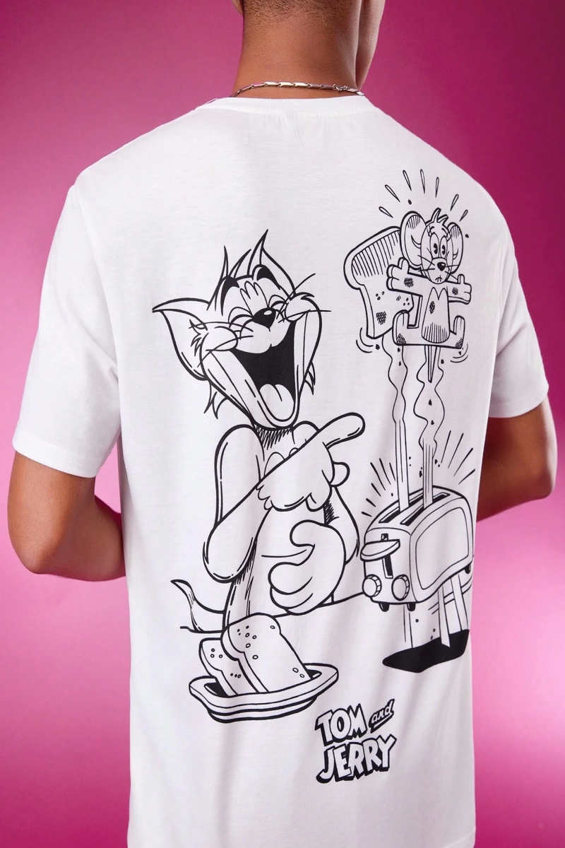 TOM & JERRY X SHEIN Unisex Rahat Fitted Karikatür Siyah Beyaz Karikatür Grafik Kısa Kollu Tiş