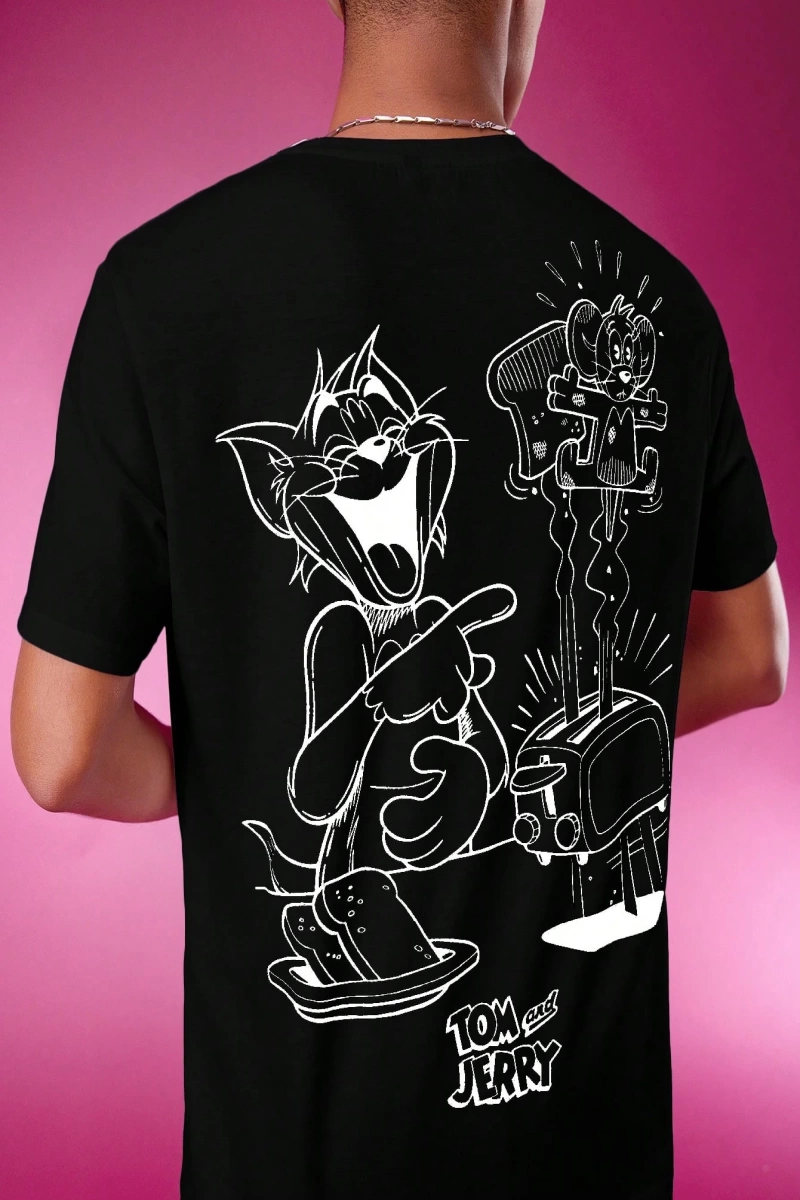 TOM & JERRY X SHEIN Unisex Rahat Fitted Karikatür Siyah Beyaz Karikatür Grafik Kısa Kollu Tiş