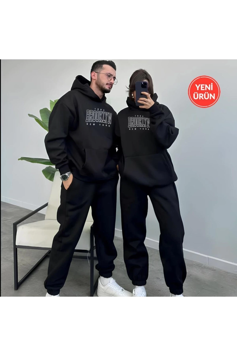 Üç İplik Brooklyn Detaylı Çift Sevgili Kombin Oversize TAKIM