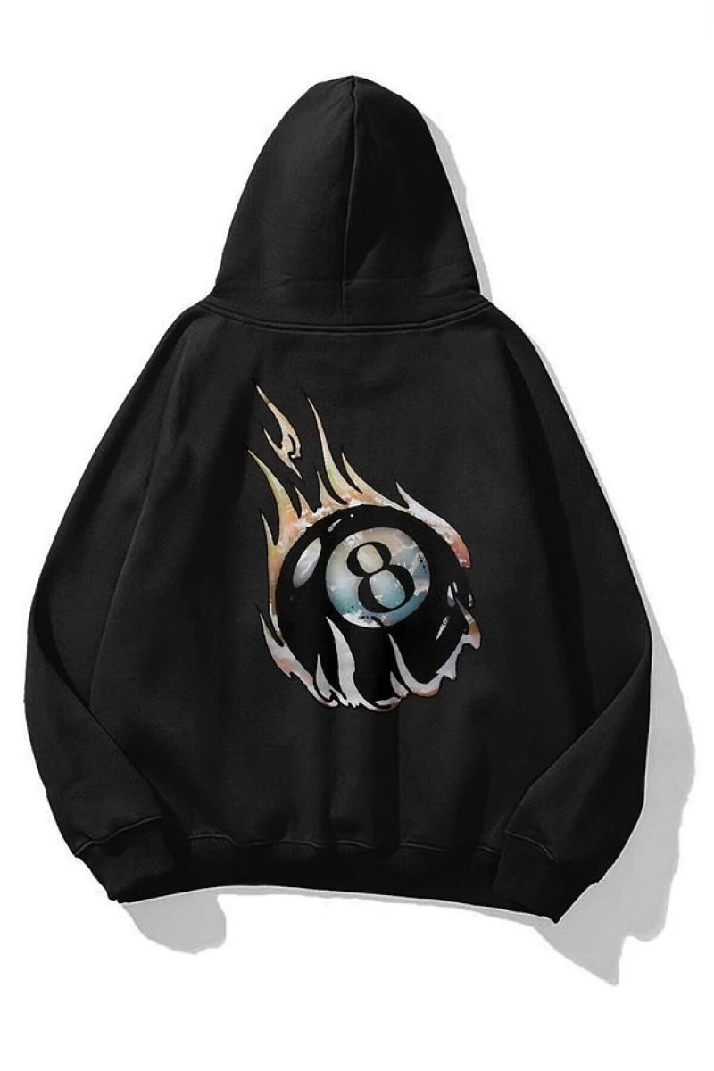 Unisex 8ball Fire Sweatshirt Hoodie Siyah