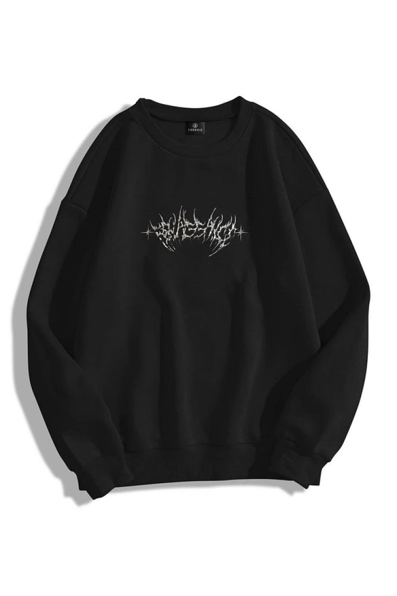 Unisex Angel Bisiklet Yaka Sweatshirt Siyah