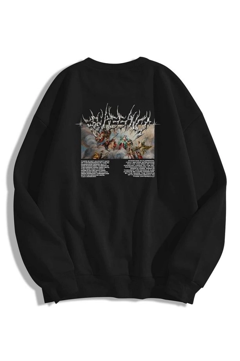 Unisex Angel Bisiklet Yaka Sweatshirt Siyah