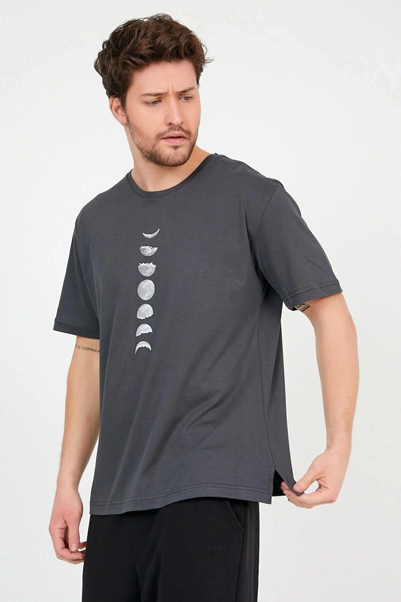 Unisex Antrasit Önü Ayın Evreleri Baskılı Bol Kesim Oversize Pamuklu Tshirt