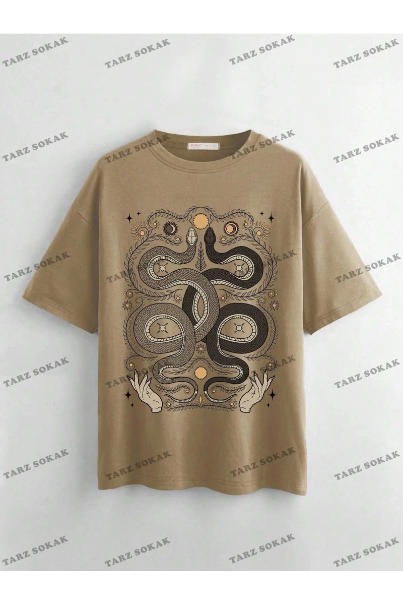 Unisex BAY  Academia Kadın Vintage Yılan Baskılı Bol Kesim T-Shirt KOD-1311
