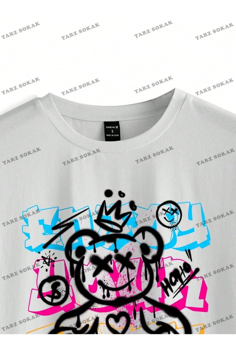Unisex BAY  Desen Baskılı Düşük Omuzlu T-Shirt KOD-1334