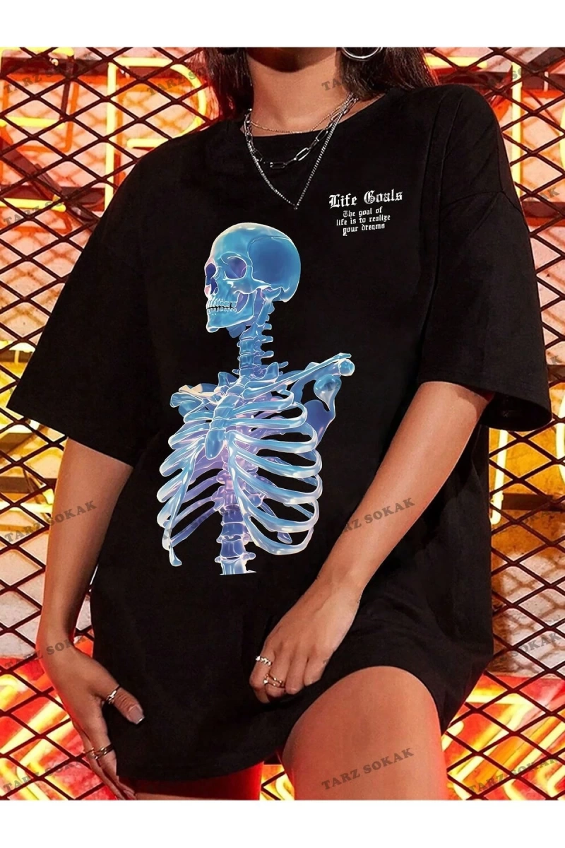Unisex BAY  Goth Kadın Kafatası Desenli Damla Omuz T-shirt KOD-1368