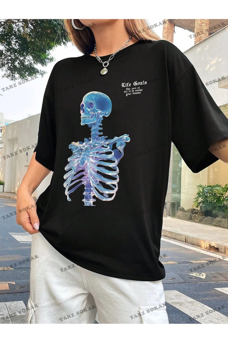 Unisex BAY  Goth Kadın Kafatası Desenli Damla Omuz T-shirt KOD-1368