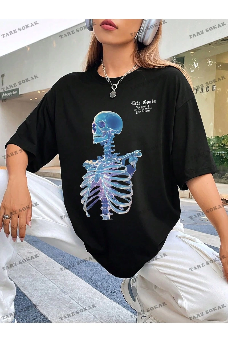 Unisex BAY  Goth Kadın Kafatası Desenli Damla Omuz T-shirt KOD-1368