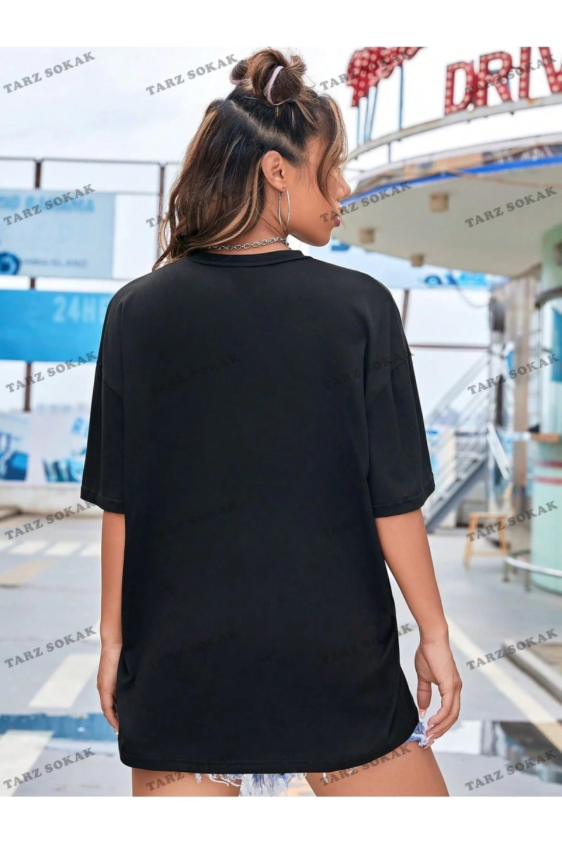 Unisex BAY  Güneş ve Ay Desenli Düşük Omuz Tişört KOD-1342