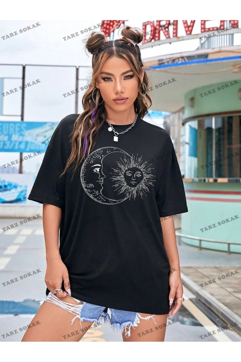 Unisex BAY  Güneş ve Ay Desenli Düşük Omuz Tişört KOD-1342