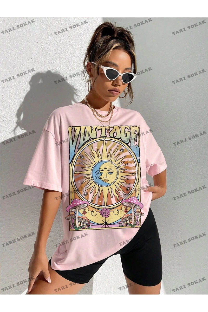 Unisex BAY  Güneş Ve Mantar Desenli Kısa Kollu Kadın Tişört KOD-1304