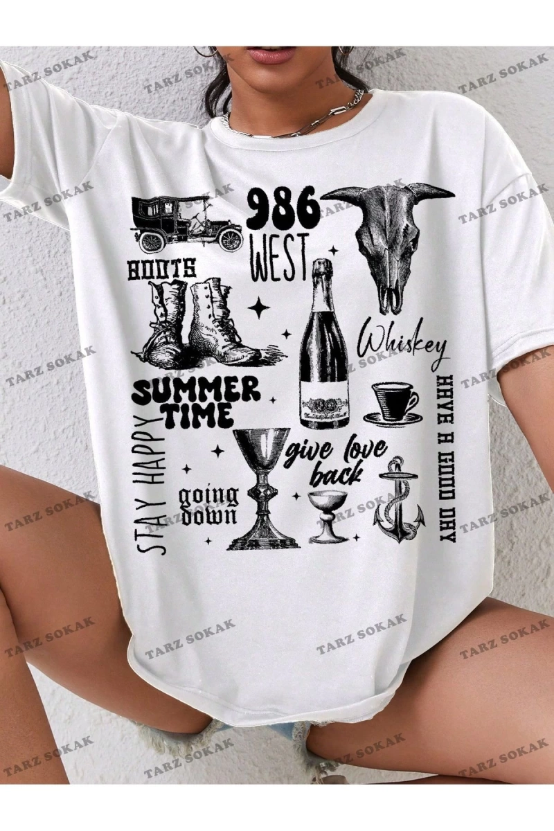Unisex BAY  Kadın Batı Tarzı Baskılı Kısa Kollu Tişört KOD-1336
