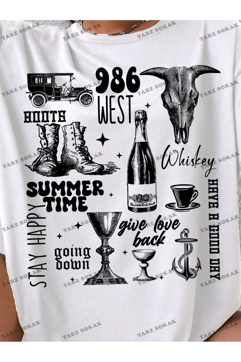 Unisex BAY  Kadın Batı Tarzı Baskılı Kısa Kollu Tişört KOD-1336