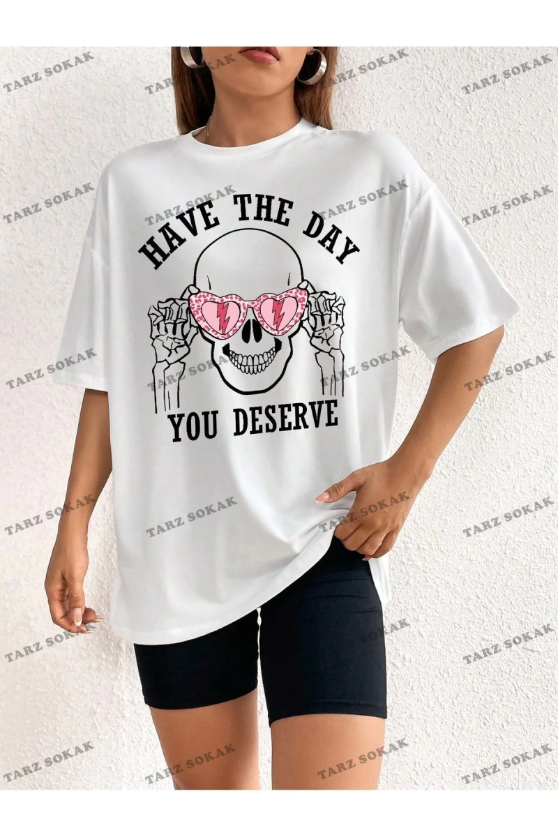 Unisex BAY  Kadın Kafatası ve Slogan Baskılı Düşük Omuz Tişört KOD-1381