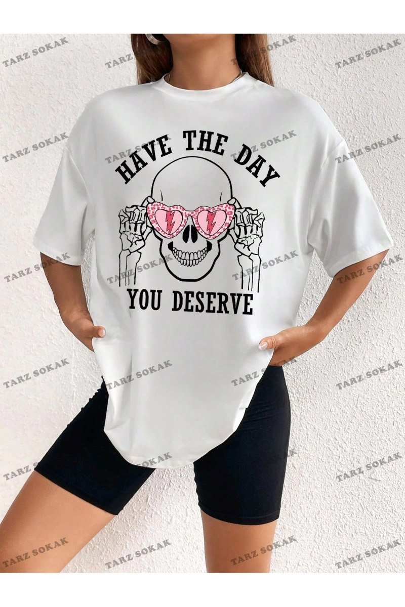 Unisex BAY  Kadın Kafatası ve Slogan Baskılı Düşük Omuz Tişört KOD-1381